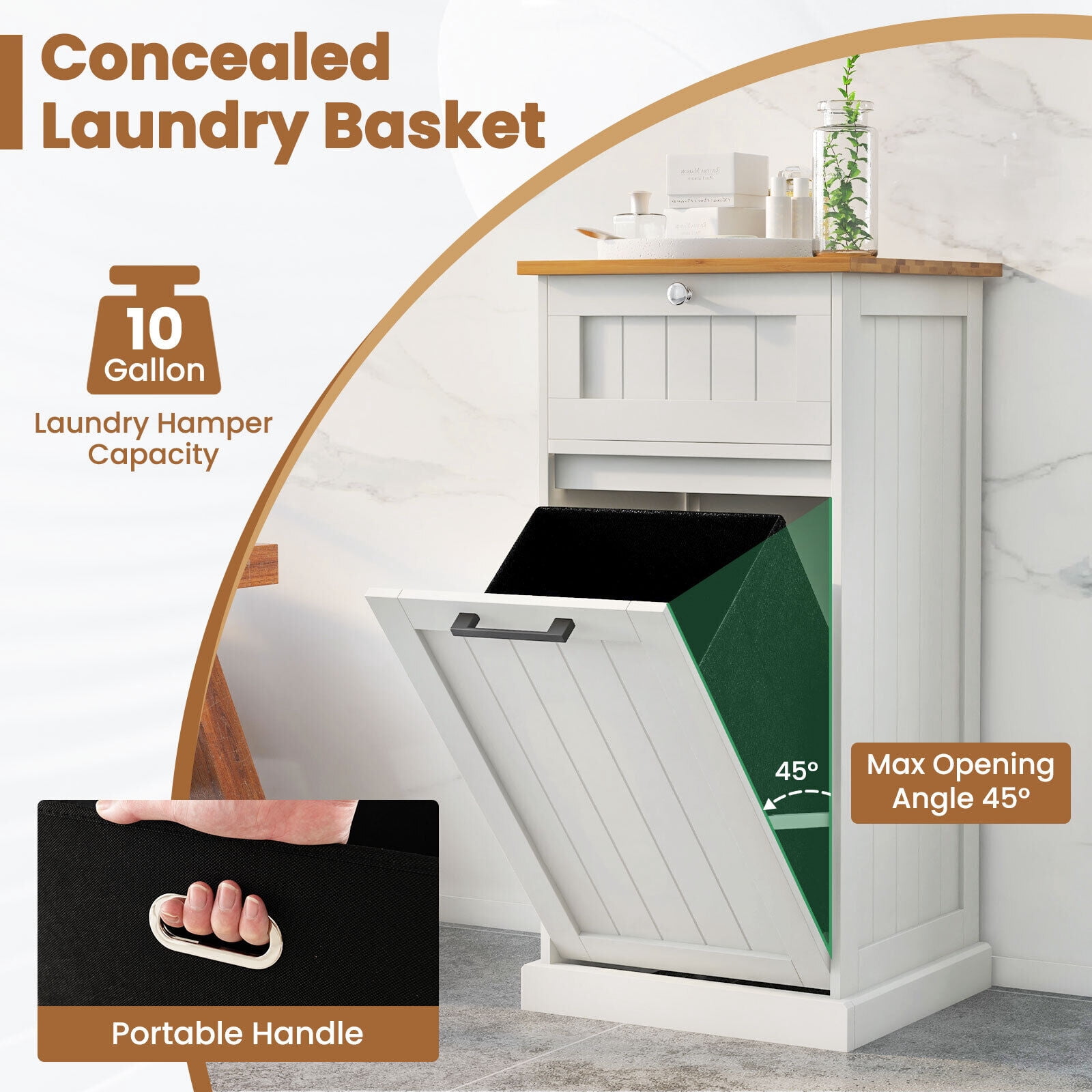 Amijoy Laundry Cabinet Freestanding Tilt Out Laundry Hamper w/ Basket Drawer Organizer, Freestanding Laundry Hamper Cabinet for Bathroom