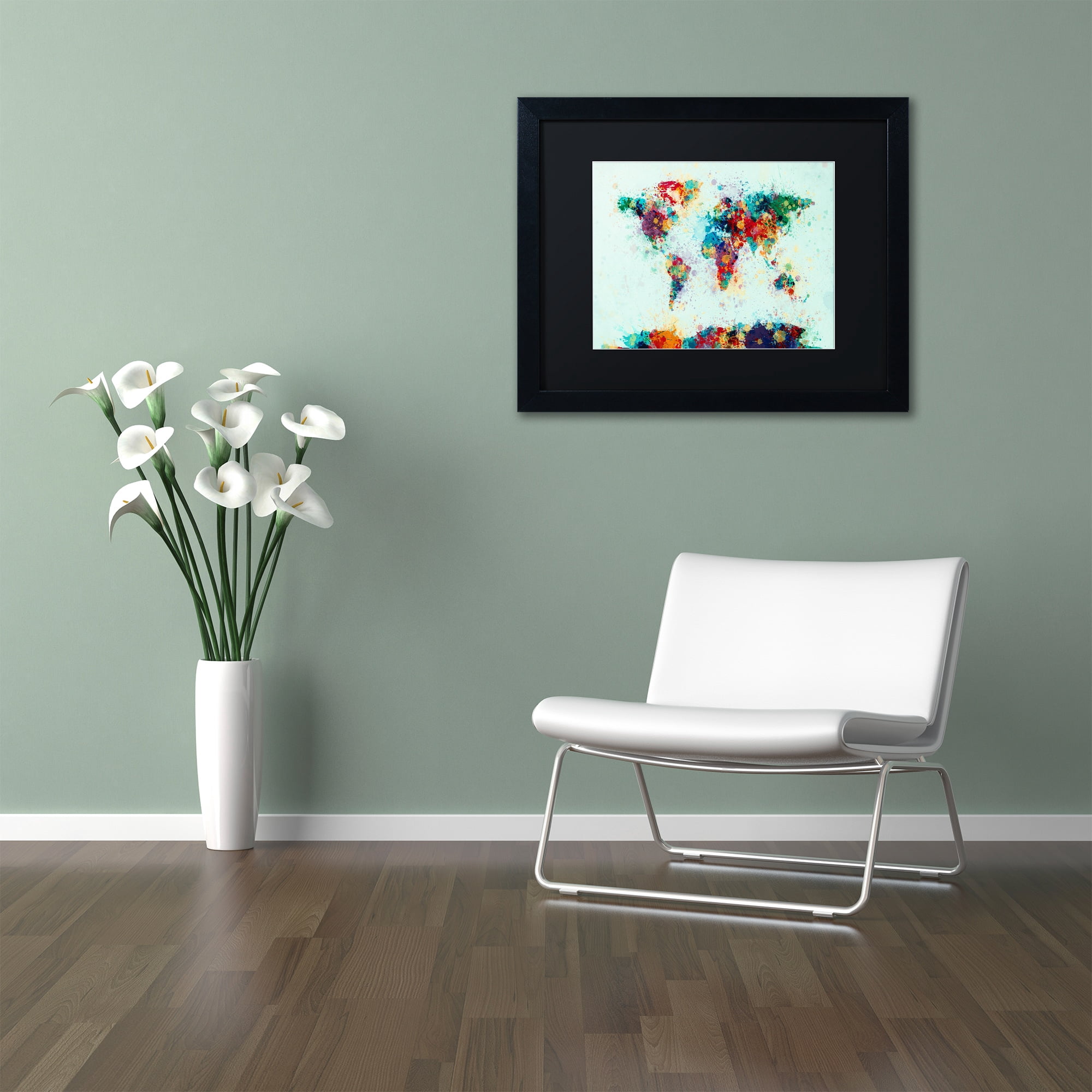 Trademark Fine Art "World Map Paint Splashes" Canvas Art by Michael Tompsett, Black Matte, Black Frame