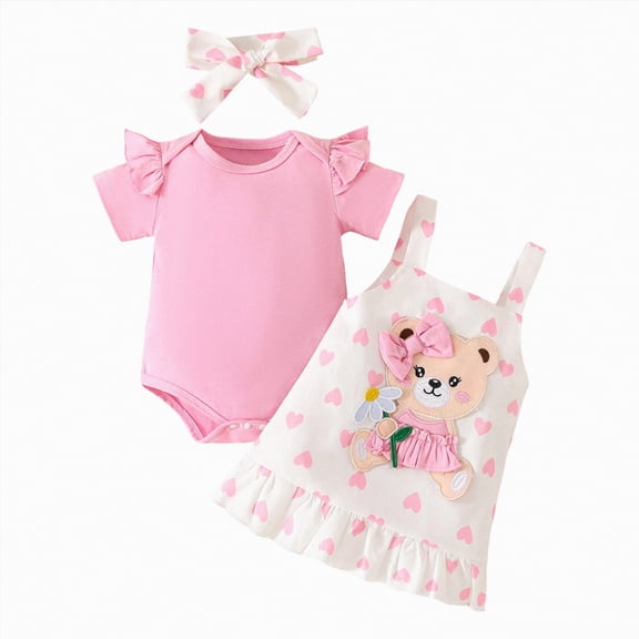 CAUYDY Toddler Girls Summer Outfits Set Infant Baby Ruffle Sleeve Romper Cute Print Suspender Skirt Headband 3 Piece Clothing for Newborn Girl 3-24Months (Sizes 12-18 Months,H3-Pink)