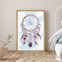 PixonSign Framed Canvas Print Wall Art Purple Dreamcatcher with Striped Feathers Birds Sky Illustrations Modern Art Colorful Multicolor Boho Decor for Living Room, Bedroom - 24"x36" Natural