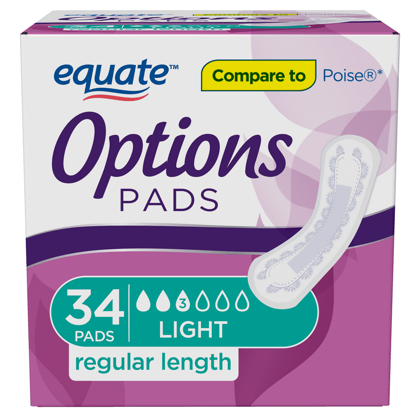 Equate Options Incontinence Pads for Women, Light Absorbency , Regular Length (34 Count)