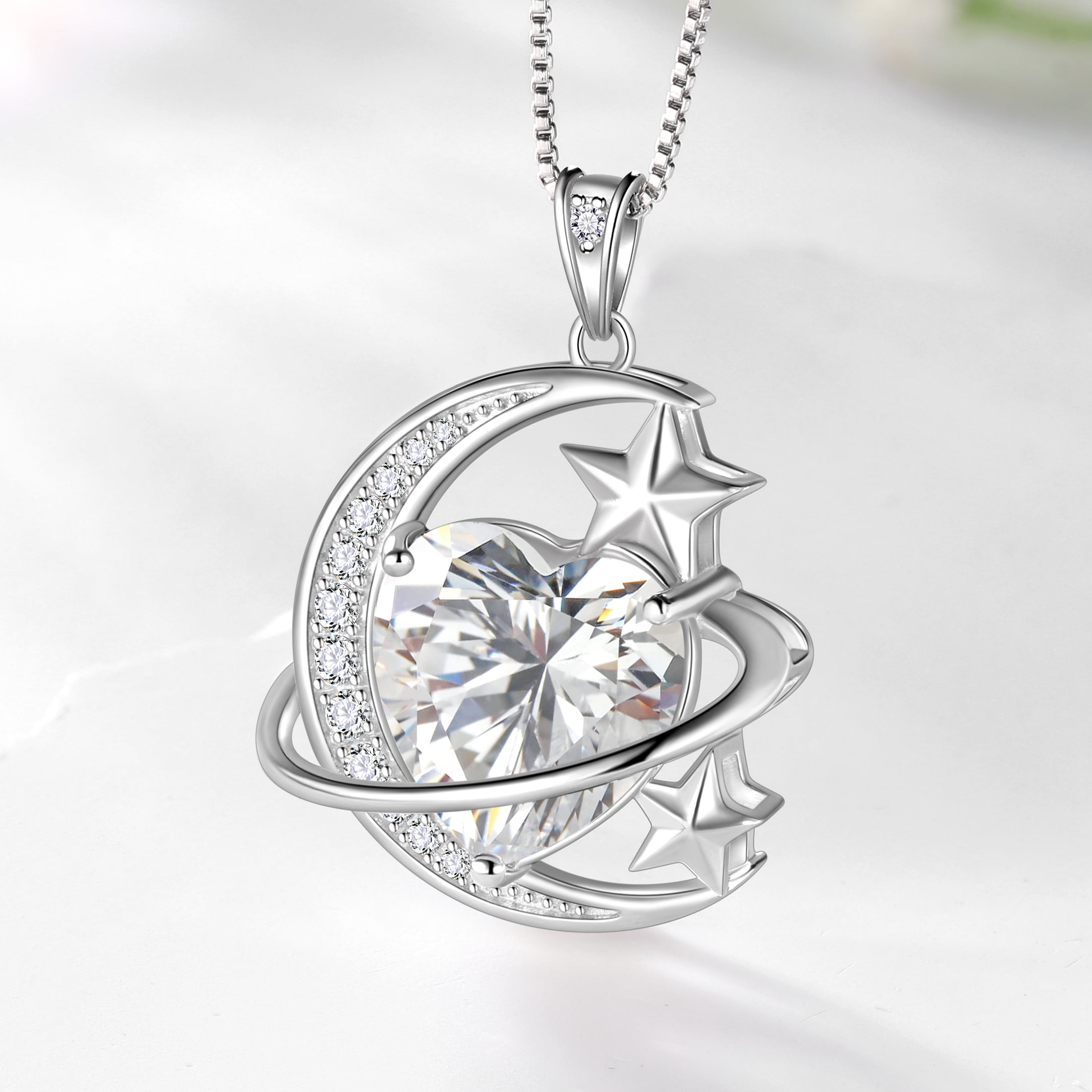 Juwaliy 13MM Women Moon Star Necklace Heart April Birthstone 925 Sterling Silver Celestial Necklace Pendant Diamond Crystal Jewelry Christmas Birthday Valentines Gift for Wife/Mom