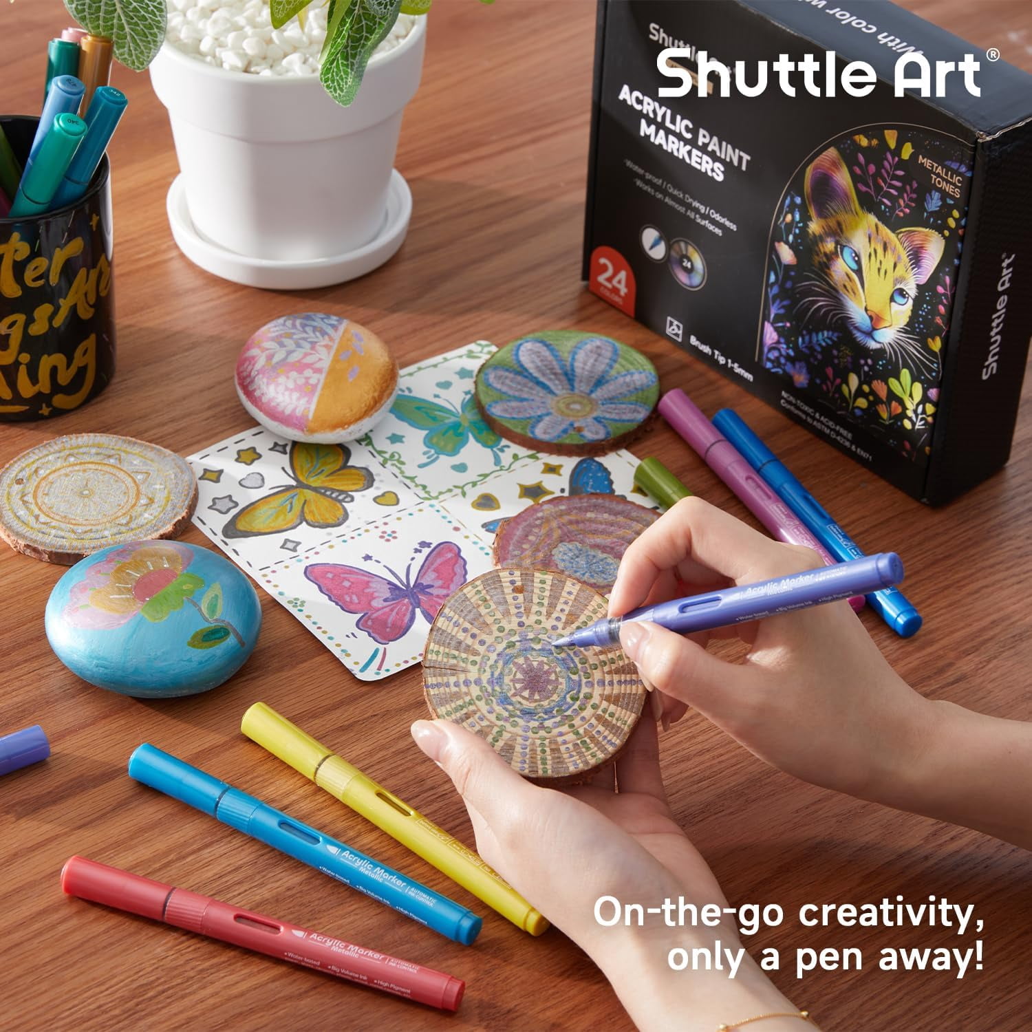 Shuttle Art Automatic Ink Control Acrylic Paint Markers, 24 Metallic Colors Brush Tip Acrylic Paint Pens for Rock Painting, Ceramic, Wood, Canvas, Glass, Stone, Fabric, Card Making
