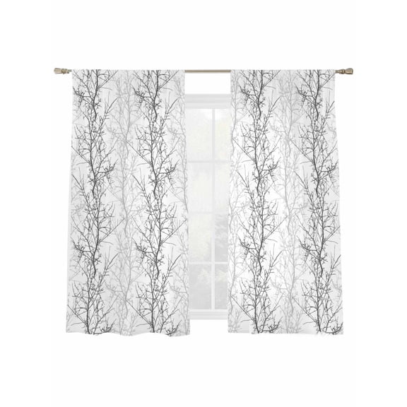 Grey Tree Sheer Curtains 72 Inches Long 2 Panels Branch Light Filtering Semi Sheer Window Curtains Drapes for Bedroom Living Room 52"x72"x2