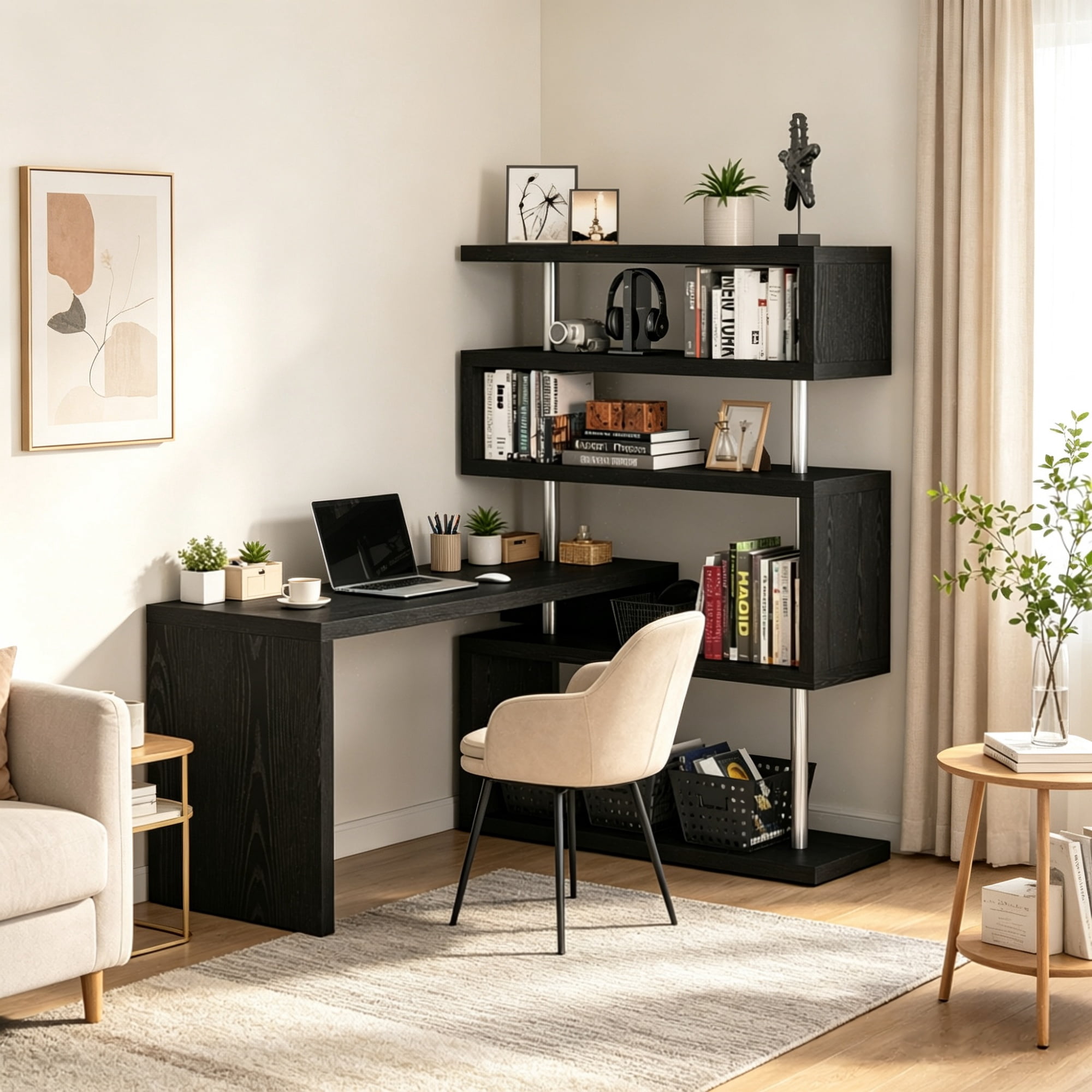 94" 5-Tier L-Shaped Computer Desk with Rotating Writing Table Corner Desk with Display Shelves And Stainless Steel Frame, Black