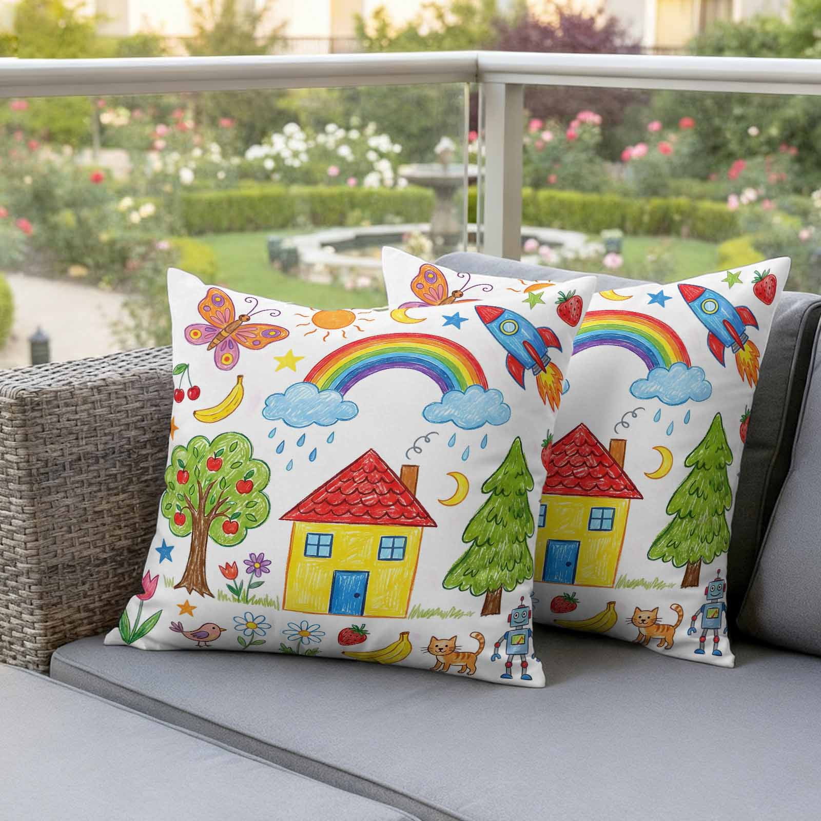 Children's Day Outdoor Waterproof Throw Pillow Covers 20x20 Set of 2, Cartoon Painting Rainbow Rocket Butterfly Decorative Pillowcases Cushion Pillowcase for Couch Sofa Patio Outside Pillow Protector