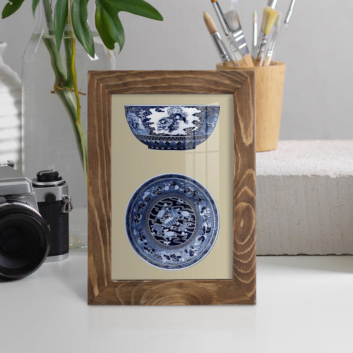 Porcelain in Blue and White I -Framed Print w/glass-Walnut