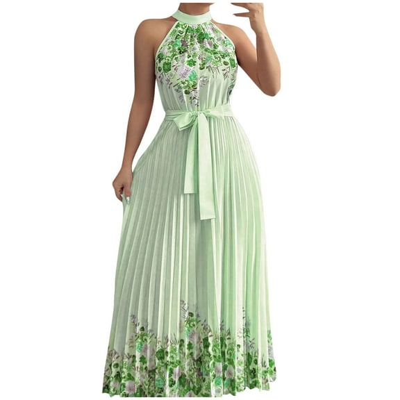 Women's Floral Printed Boho Maxi Dress Sleeveless Halter Neck A Line Pleated Long Dress With Belt