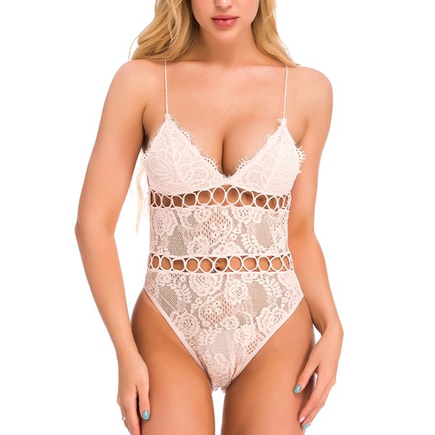 Body de lencería de encaje Deep V erótico de una pieza sexy ropa de dormir femenina (rosa 2XL) Tmvgtek Para estrenar