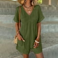 thumbnail image 3 of Women's V Neck Cotton Linen Jumpsuit with Pocket, Short Sleeve Back Zipper Romper, Casual Summer Jumpsuit for Beach Vacation, Streetwear and Daily Wear-Green, 3 of 10