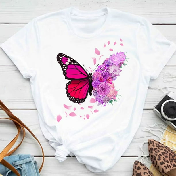 Nueva Camiseta De Mariposa Purpura Con Estampado De Petalos De Flores Para Mujer Manga Corta Cuello Redondo Casual Versatil Tops Ropa De Primavera Y Verano Bodega Aurrera en linea