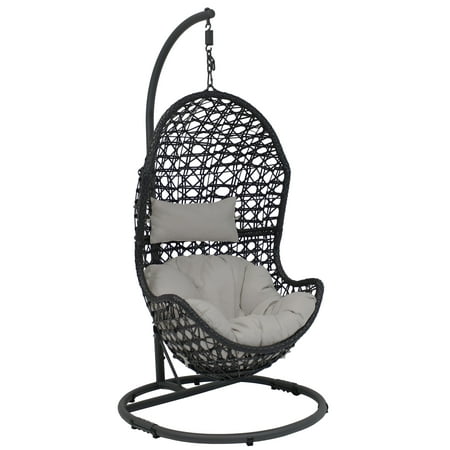 Sunnydaze Outdoor Resin Wicker Patio Cordelia Hanging Basket Egg Chair Swing with Cushion, Headrest, and Steel Stand Set - Gray - 3pc