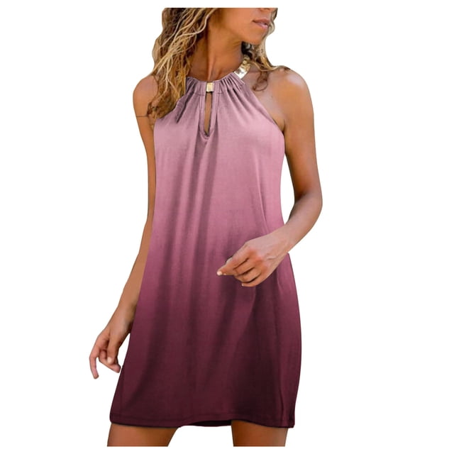 CEHVOM Robe Décontractée pour Femmes, Mode, Dos Nu, Col Rond, Imprimé Dégradé, Sans Manches, Ajourée