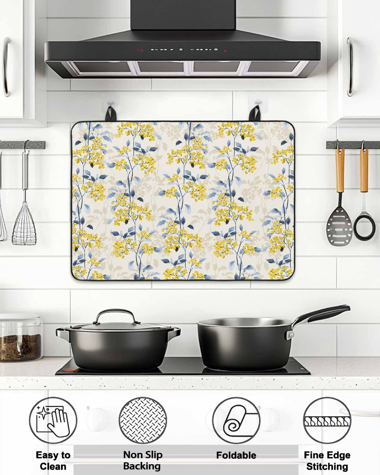 Stove Top Covers for Electric Stove, Yellow Blue Spring Floral Glass Stovetop Cover Protector, Summer Botanical Farmhouse Induction Cooktop Protector Oven Mat for Kitchen Countertop 24"x21"
