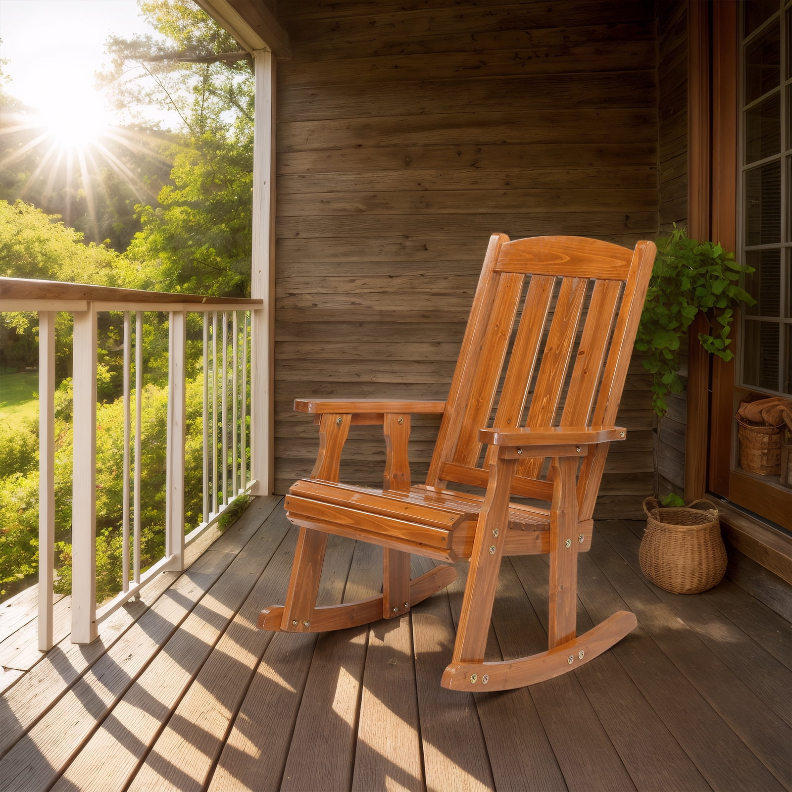 Zimtown Outdoor & Indoor Rocking Chair, Solid Fir Wood Nursery Porch Rocking Chair, High Back and Weather Resistant, Natural (Set of 1)