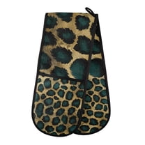 Yayeee Double Oven Mitt Kitchen Heat Resistant Baking 35" x7" Quilted Glove, Green Leopard Print