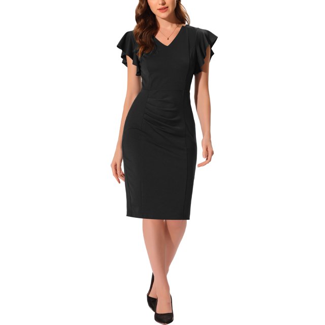 INSPIRE CHIC Sheath Dress for Women's Ruffle Sleeve V Neck Ruched Front Elegant Bodycon Dresses Black L