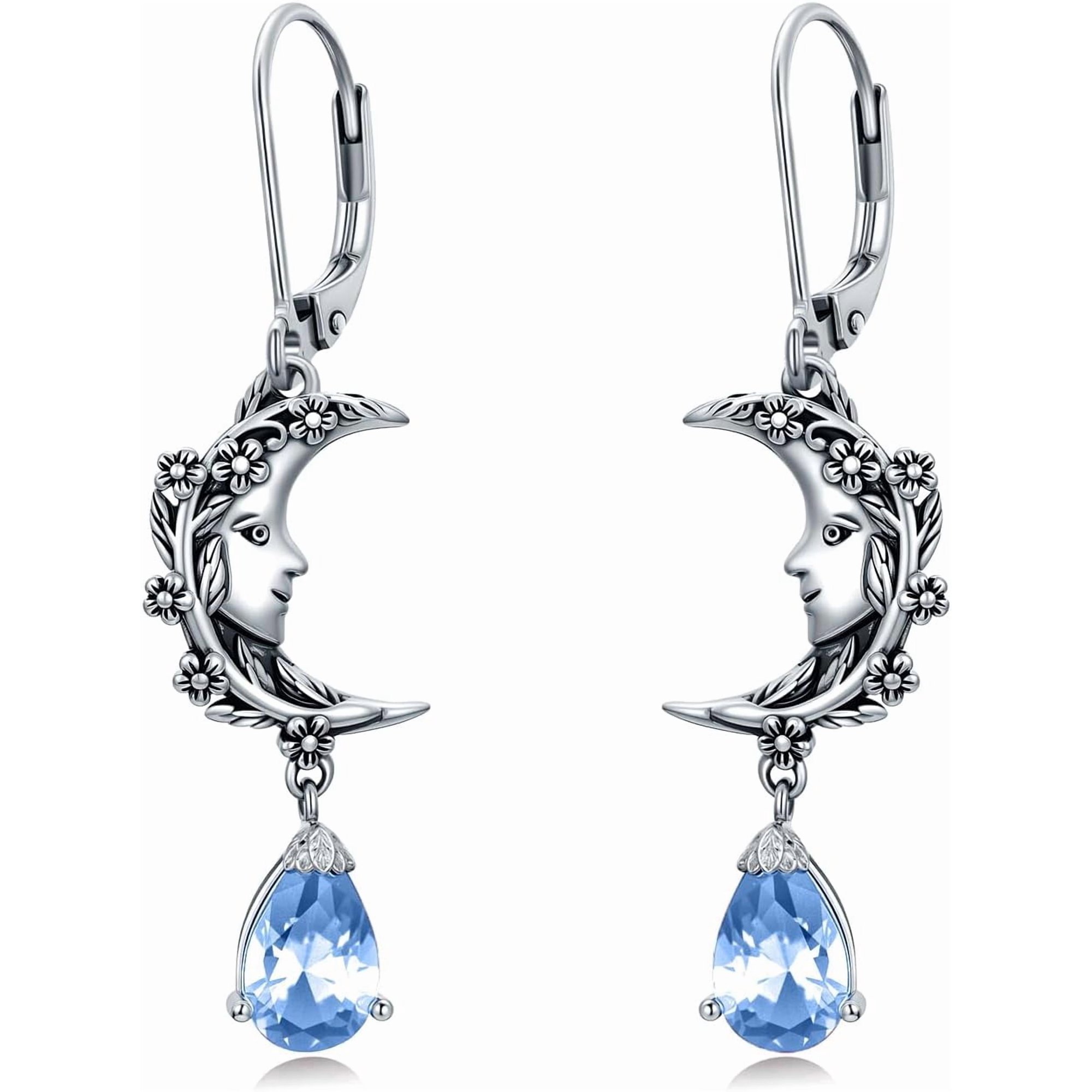 925 Sterling Silver Vintage Retro Oxidized Moon Crescent Dangle Drop Leverback Earrings with 12 Months Birthstone Jewelry Gifts for Women Her