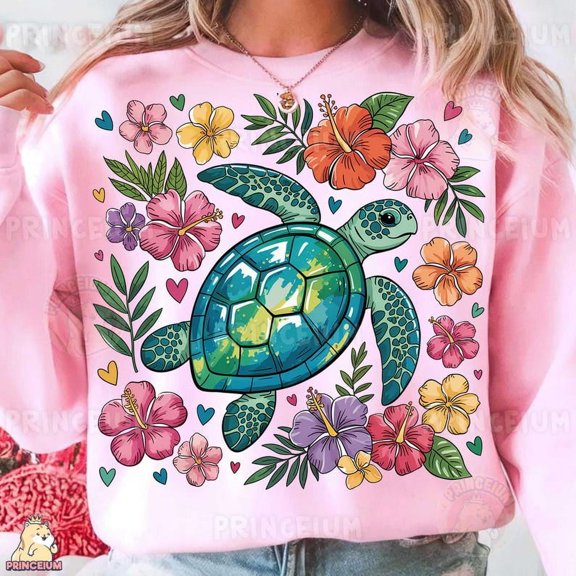 Sea Turtle Floral Sweatshirt, Tropical Summer Beach Sweatshirt, Ocean Animal Sweatshirt, Cute Ocean Animal Sweatshirt