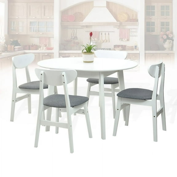 Dining Room Set of 4 Yumiko Chairs and Round Extendable Kitchen Modern Table Solid Wood w/Padded Seat, White Color with Light Gray Cushion