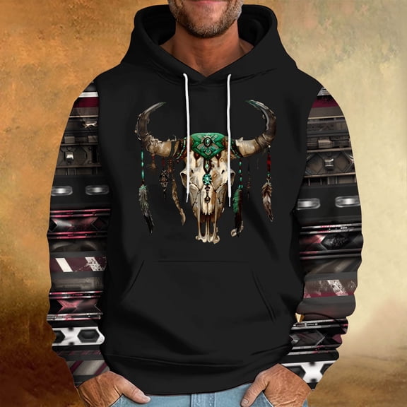 dzxyzu Men's Fashion Hoodies & Sweatshirts Casual Ethnic Style Printed Pullover Matching Color Long Sleeve Hooded Sweatshirts with Kangaroo Pocket