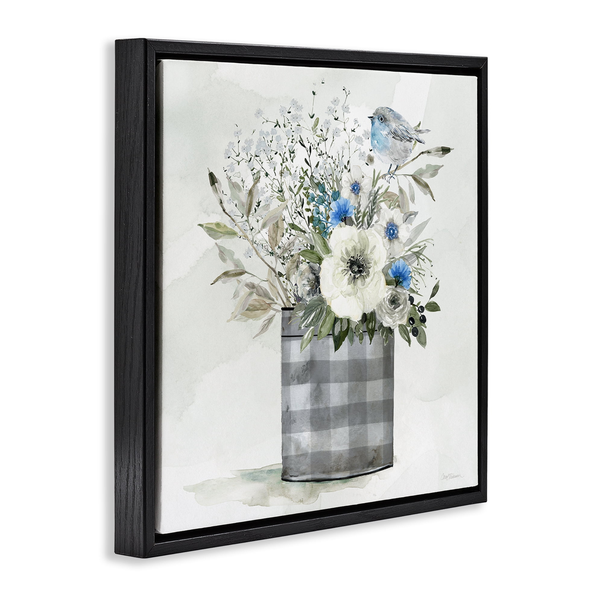Stupell Industries Country Plaid Flower Vase Plants & Flowers Painting Black Floater Framed Canvas Art Print Wall Art, 25 x 25