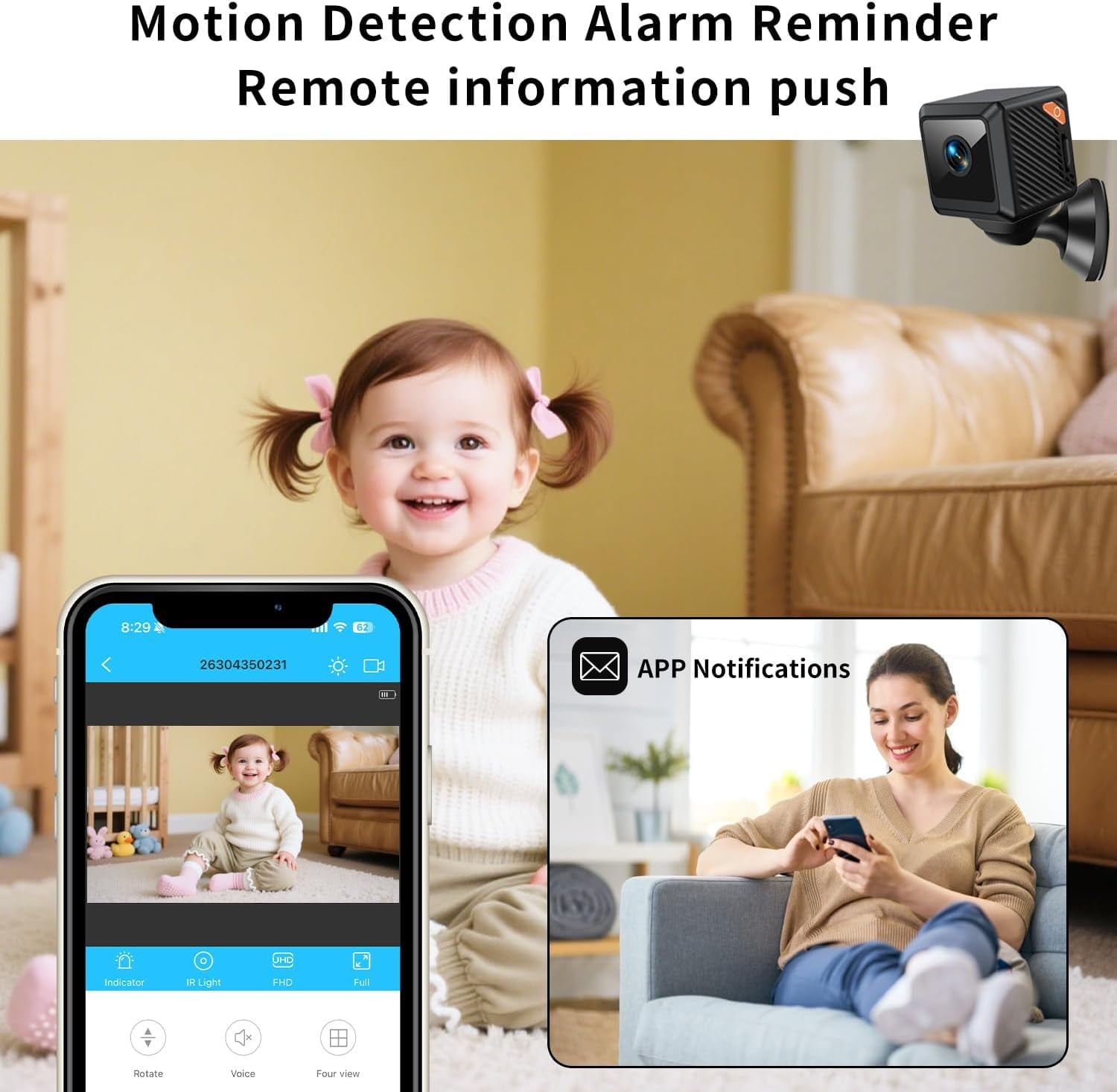 Mini Security Cameras, Mini Hidden Camera with Strong Adsorption, Motion Detection, Night Vision, Cloud & SD Storage, App Control for Home Baby Pet Office