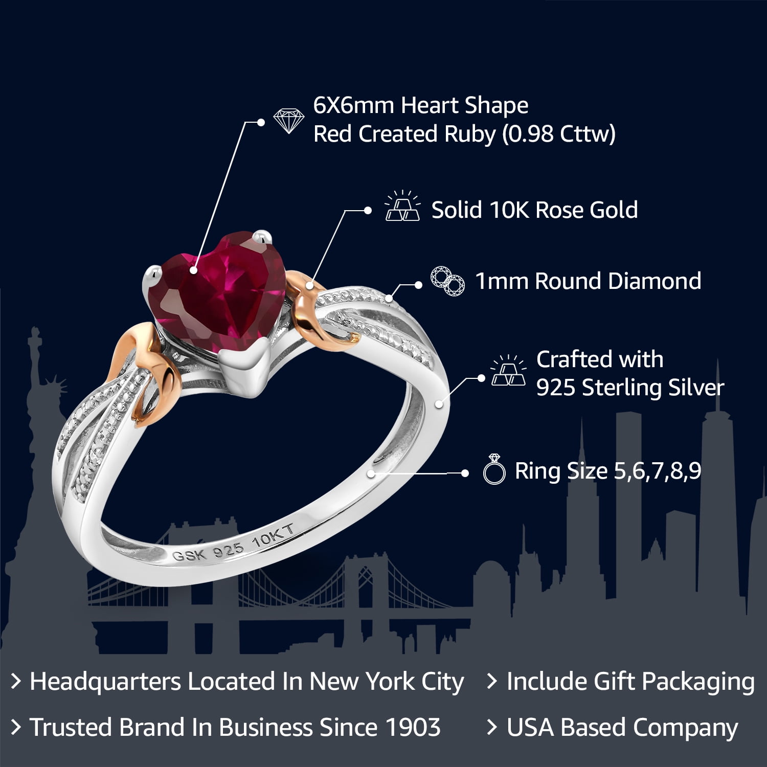 Gem Stone King 925 Silver and 10K Rose Gold Red Created Ruby and Diamond Ring (0.98 Cttw, Heart Shape 6MM, Available in Size 5, 6, 7, 8, 9)