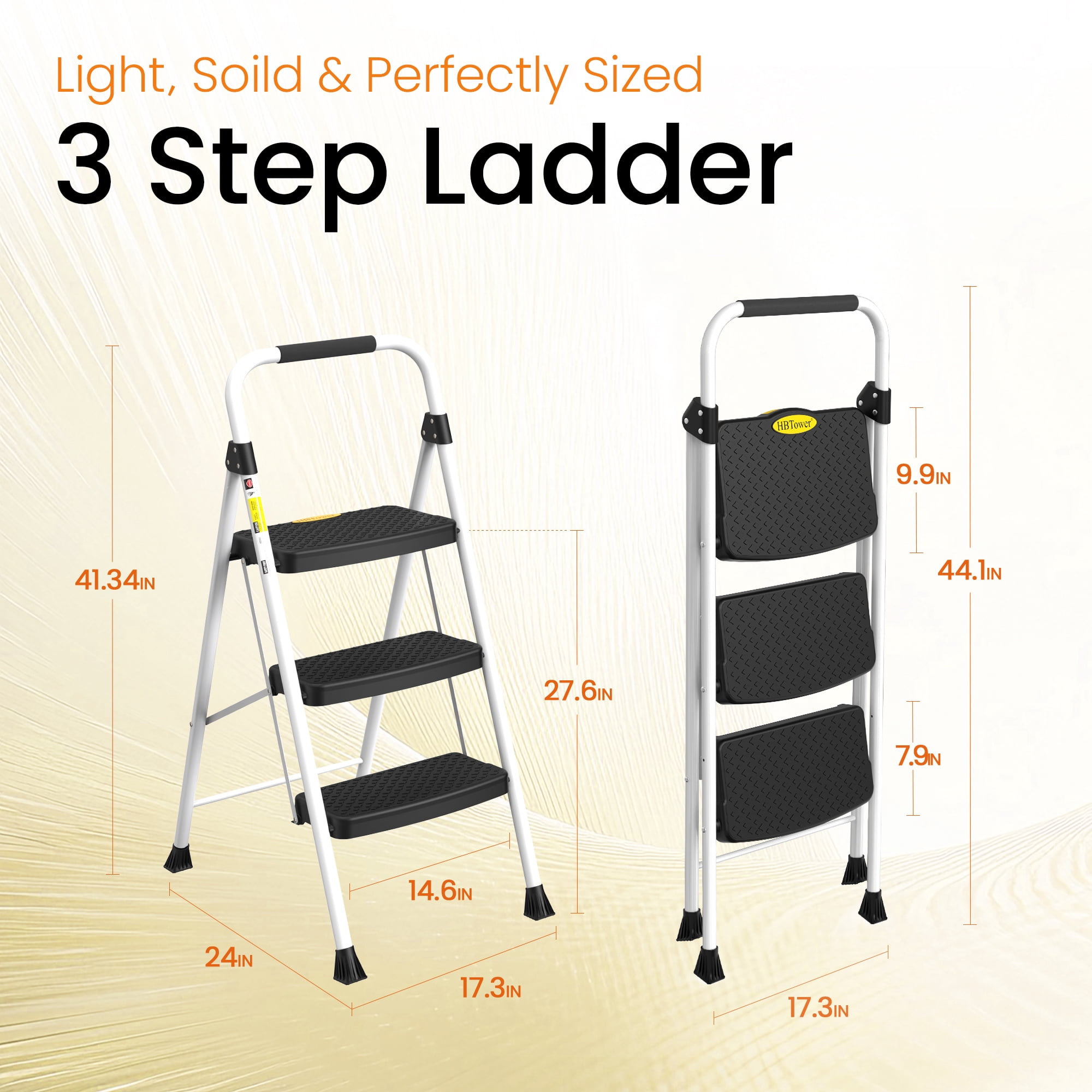 HBTower 3 Step Folding Ladder, Lightweight & Portable Step Stool with Extra-Wide Anti-Slip Pedal & Safety Grip Rail, for Kitchen, Garage & Outdoor, White