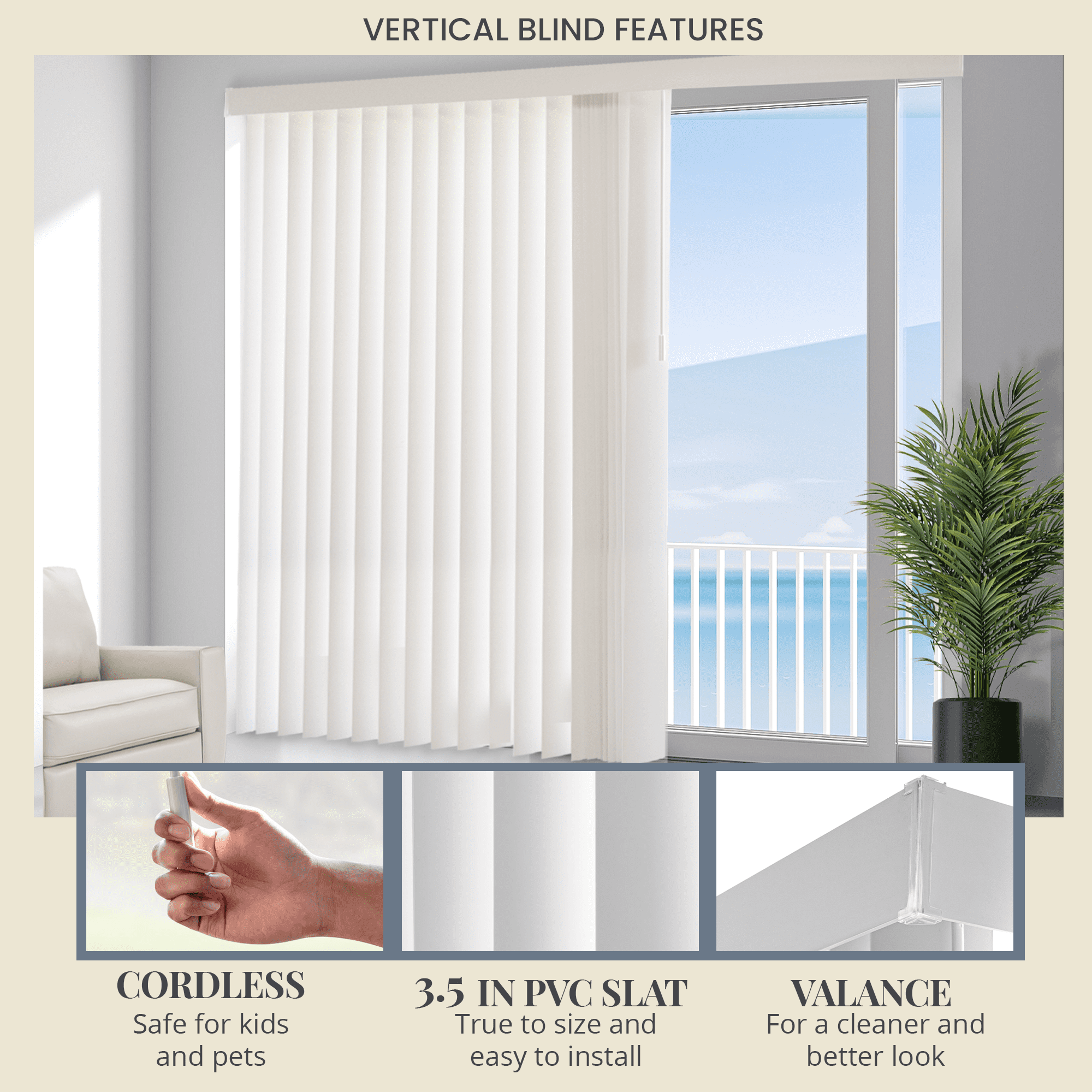 Chicology Cordless Oxford White Vinyl Blackout Room Darkening Vertical Blinds 78