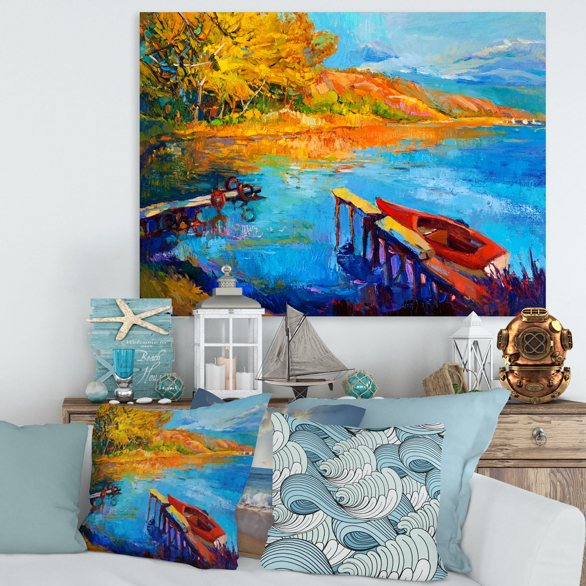 Designart ' The Lake At Sunset Evening Glow II ' Lake House Canvas Wall Art Print
