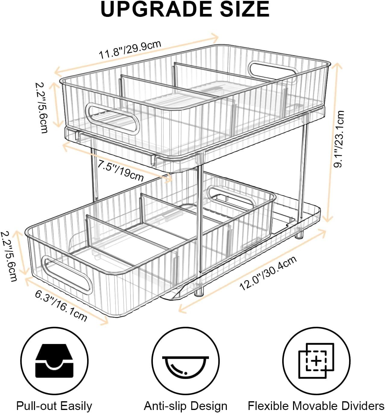 2-Tier Clear Bathroom Under Sink Organizers and Storage, 2 Sets of Pull Out Bathroom Medicine Cabinet Organizer,Multi-Purpose Kitchen Pantry Organizer and Storage with Movable Divider-Clear