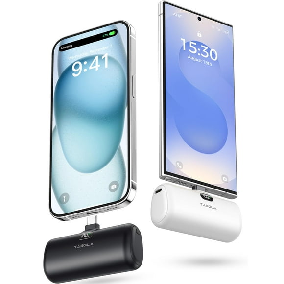 Taegila 2Pack Portable Phone Charger for iPhone 15 16, USB C Power Bank 5000mAh with Built-in Cable & LCD Display, Compact Mini Battery Pack for Samsung Galaxy