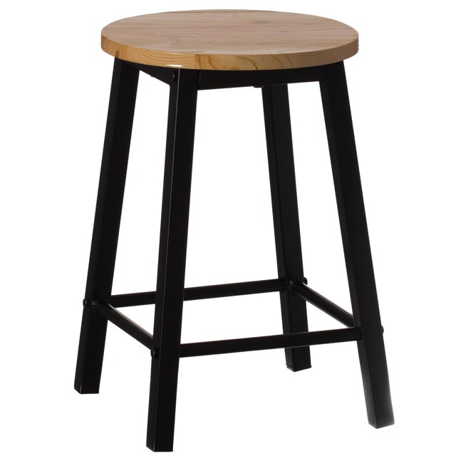 17.5-Inch Rustic Round Solid Wood Counter-Height Bar Stool with Footrest and Durable Steel Frame, Perfect for Dining Room, Kitchen Island and Home Bar - Ideal for Indoor and Outdoor Parties