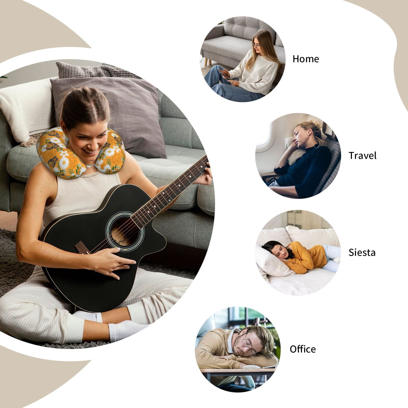 Xecao White Floral and Butterflies Print Memory Foam Cervical Neck Pillow Versatile U-Shaped Pillows for Home,Office,Camping,Travelling,Soft Washable Cover