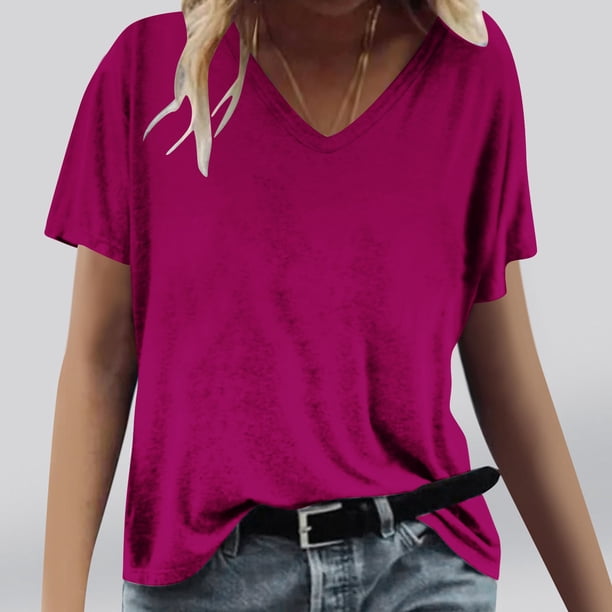 Fiudx Camisas de Mujer Moda Mujer Casual Cuello En V Blusa Sólida Manga Corta Camiseta Verano Tops