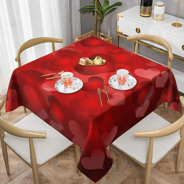 Valentines Day Tablecloth - 60 Inch Square Red Romantic Tablecloth with Love Hearts Pattern - Dust-Proof & Wrinkle Resistant - Perfect for Home Dining Room & Parties
