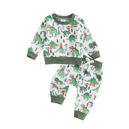 

Baby Toddler Boys Christmas Outfit 0 6 12 18 24 Months 2T 3T Dinosaur Print Long Sleeve Sweatshirt Elastic Waist Pants 2 Piece Set for Winter Fall
