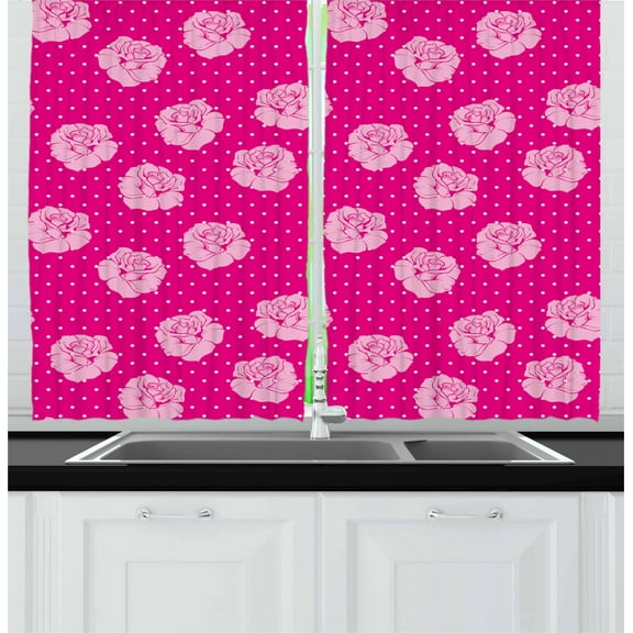 Ambesonne Hot Pink Kitchen Curtains, Vintage Roses Love Dot, 55"x39", Hot Pink Pale Pink White