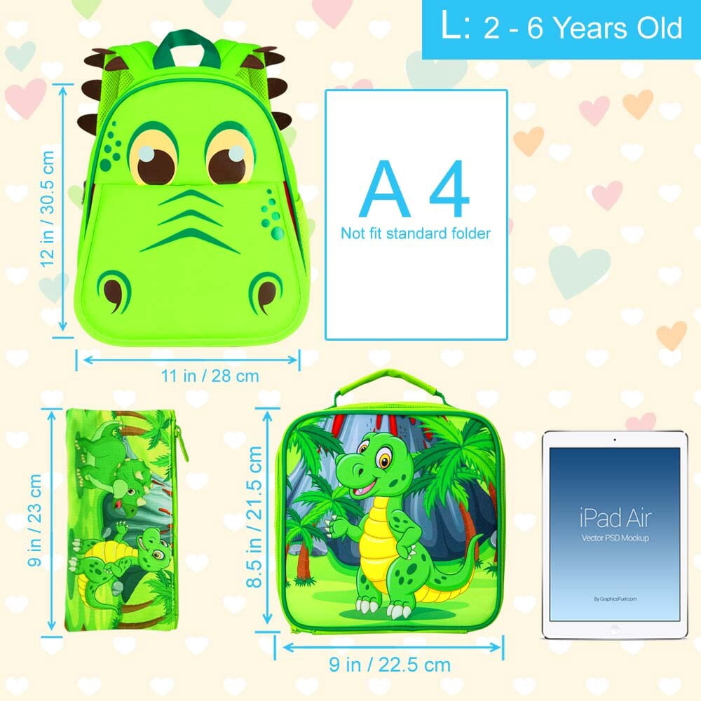 AGSDON 3PCS Toddler Backpack and Lunch Box for Boys, 12" Dinosaur Preschool Kids Bookbag, Cute Animal Kindergarten Schoolbag
