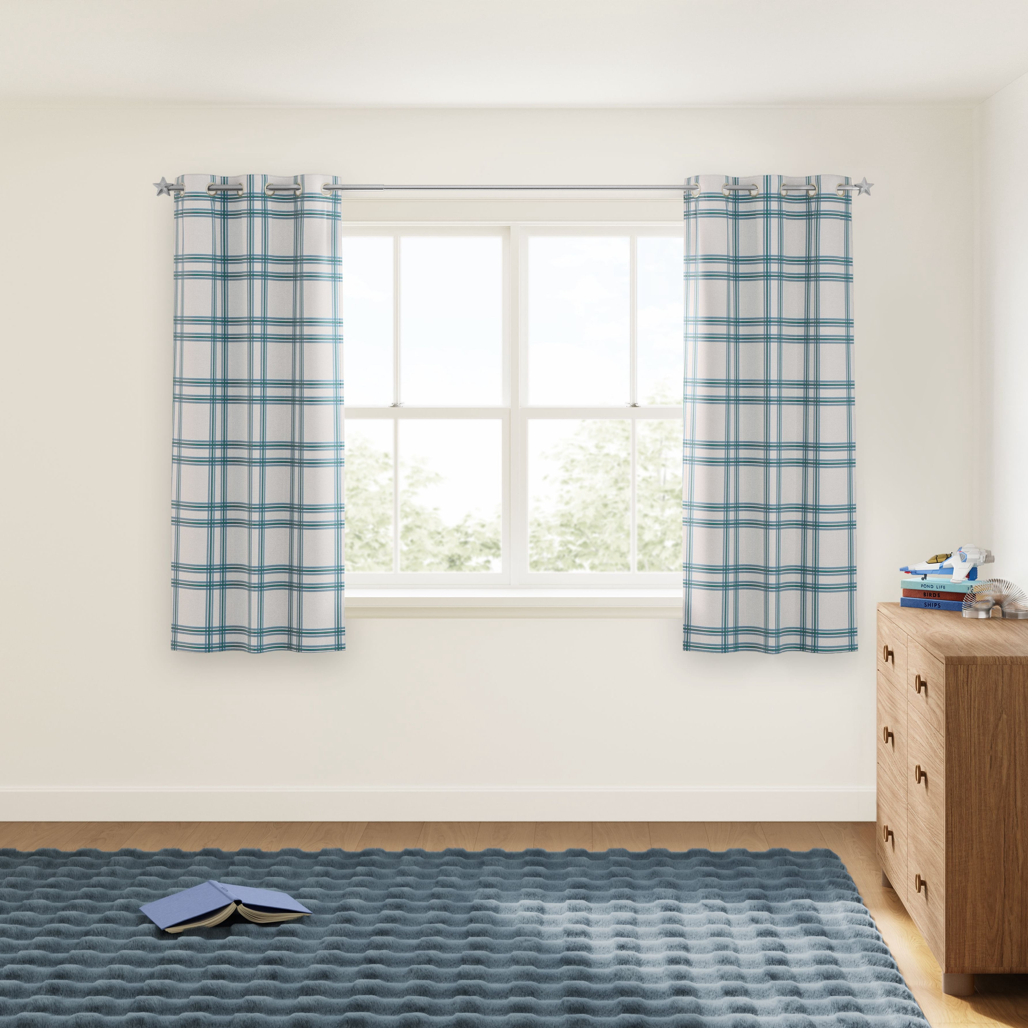 Mainstays Kids White and Blue Plaid Check Light-Filtering Grommet Single Curtain Panel, 38 in W x 63 in L