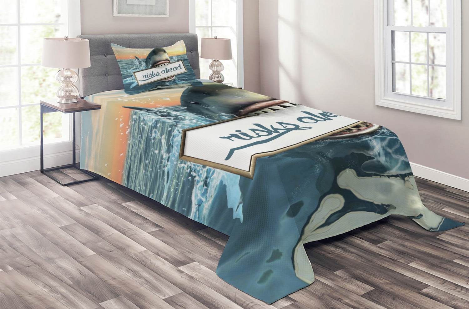 Shark Quilted Bedspread & Pillow Shams Set Nautical Fauna Element Print 