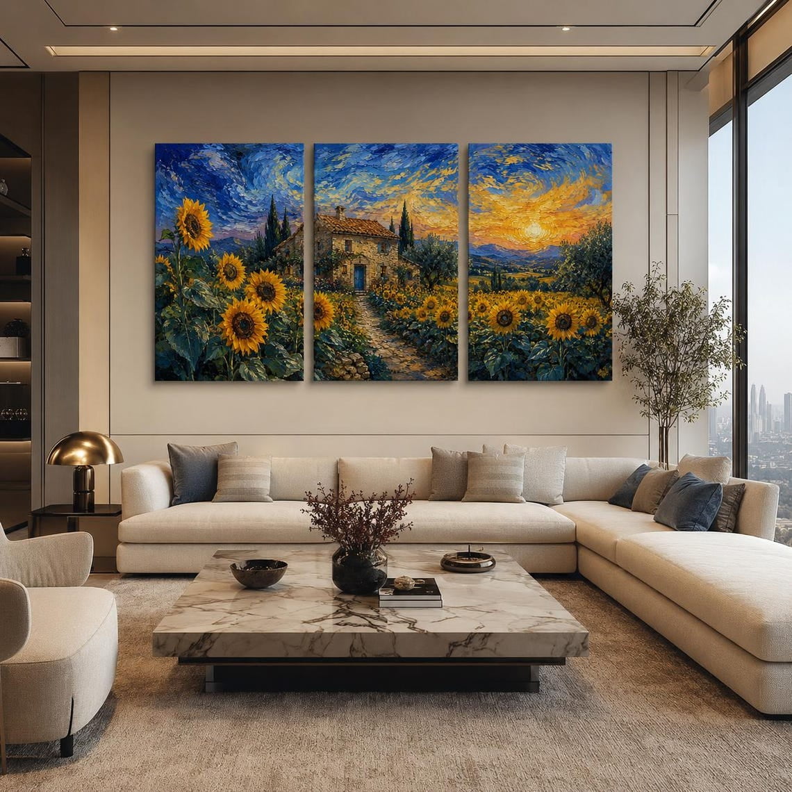 Sunflower Garden Wall Art Set Blue Gold Tuscan Villa Landscape Triptych For Living Room