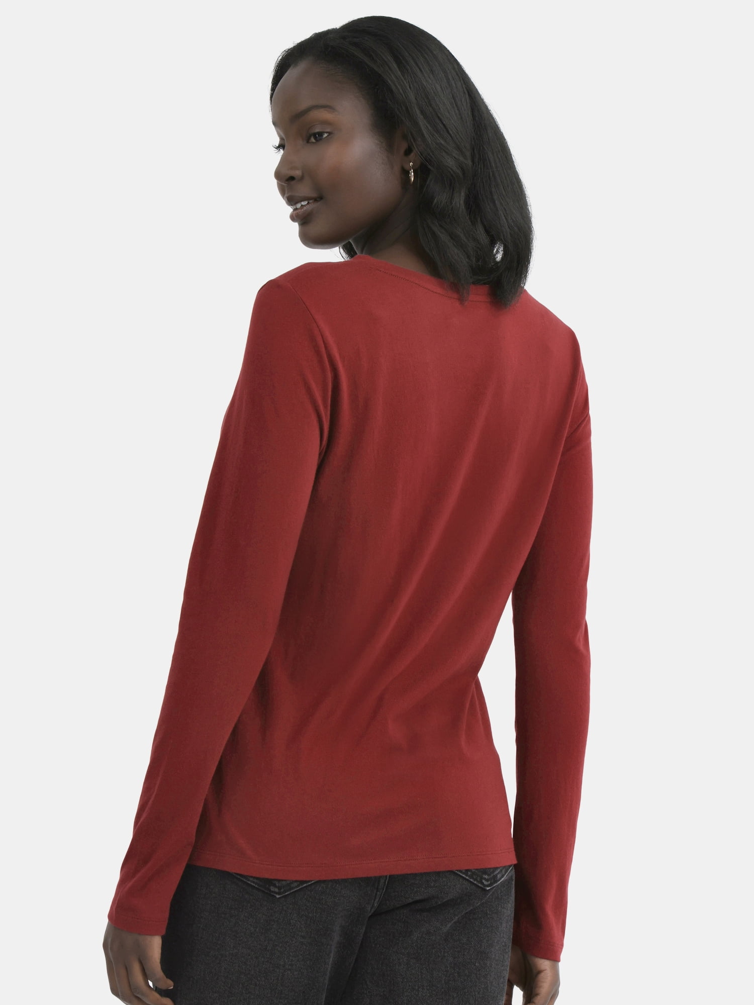 Time and Tru Women's Cotton Crewneck Tee with Long Sleeves, Sizes XS-XXXL