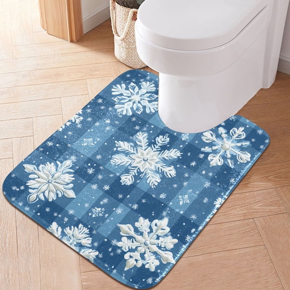 Toilet Rug U-Shaped Bathroom Rugs Non-Slip Soft Plush Machine Washable Contour Bath Mat Snowflakes on Checkerboard 24x20