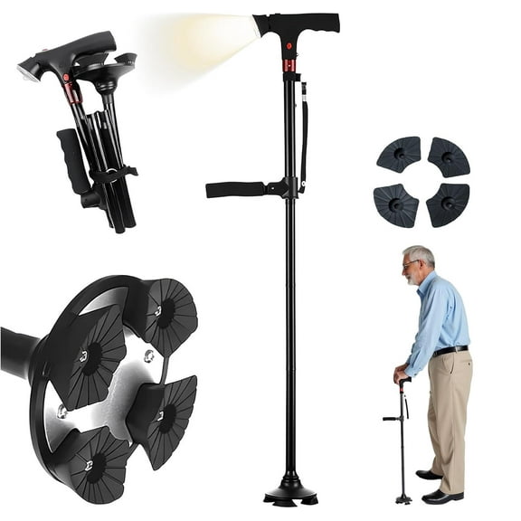 Cane Hero Walking Cane – Foldable Adjustable Smart Cane with LED Light & Alarm, Four-Leg Base, Double Handles, Includes Storage Bag & Anti-Slip Tip (1 PC)