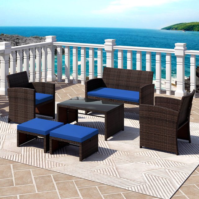 Gymax 6 PCS Patio Furniture Set w/ 1 Loveseat 1 Coffee Table 2 Armchairs 2 Ottomans Blue