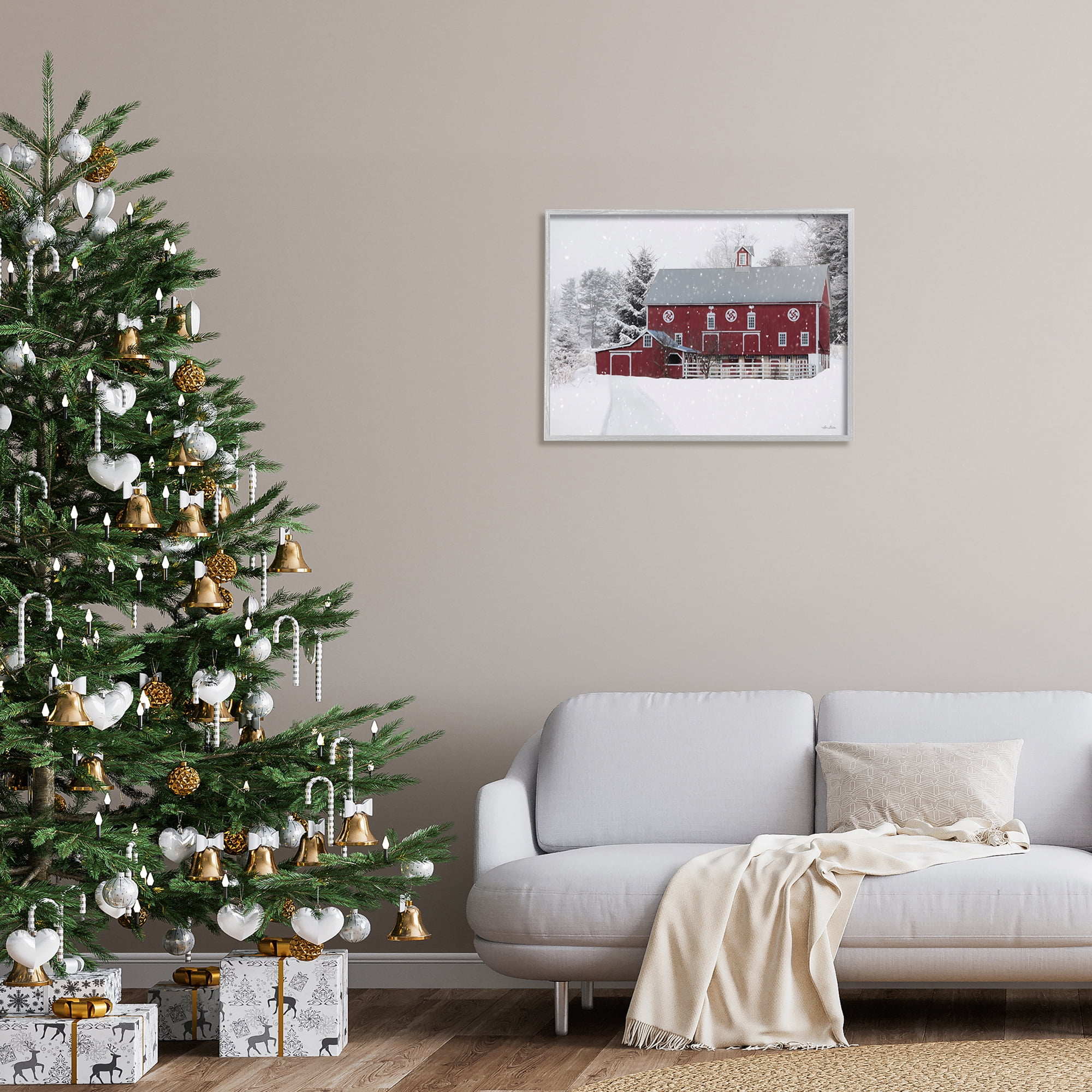 Snow Covered Farmland Red Barn Snowflakes Falling Landscape Painting Framed Art Print Wall Art