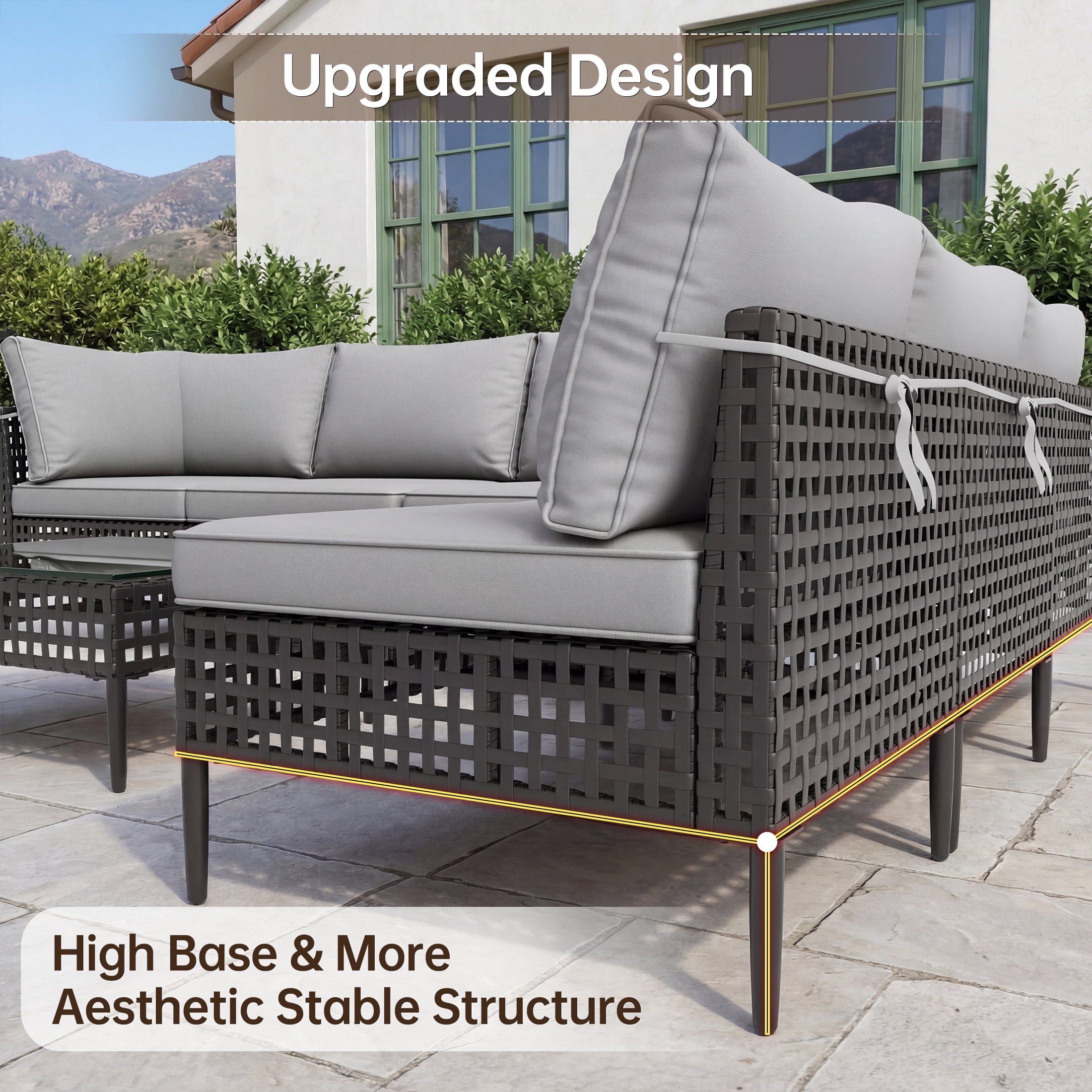 UDPATIO 7 Piece Wicker Patio Furniture Set, Outdoor Conversation Set， Sectional Sofa with Glass Coffee Table， Outdoor Sofa for Porch, Backyard, Black&Gray