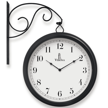 Large Metal Double Sided Wall Clock 13.4 - Decorative Indoor Outdoor Double Sided Clock - Easy to Read, Hanging Train Station Style for Patio, Garden, Office - Antique Outside Corner Wall Decor